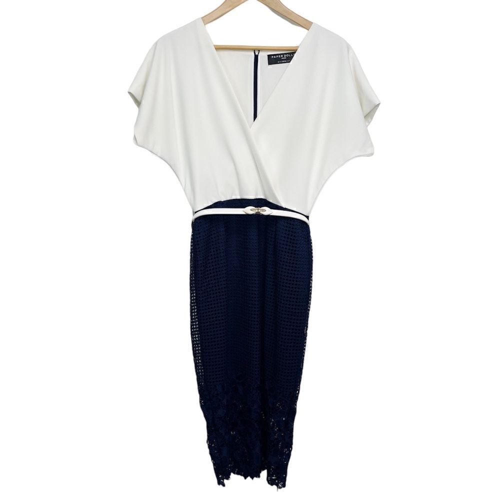 Paper Dolls Belted Short Sleeve Midi Dress White and Blue Size 6